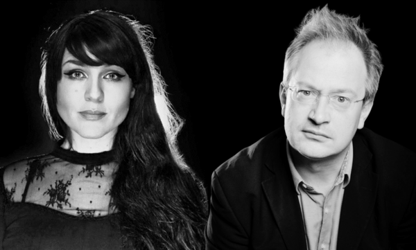 Black and white photo of Clare Ferguson & Robin Ince
