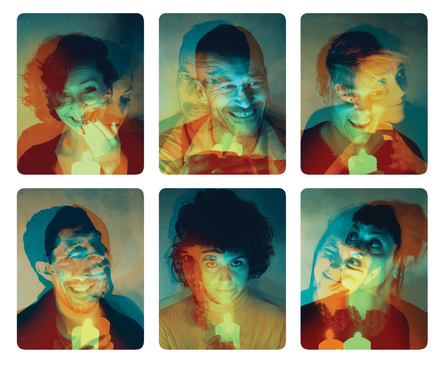 Polaroid style photo collage of Bonfire Radical members